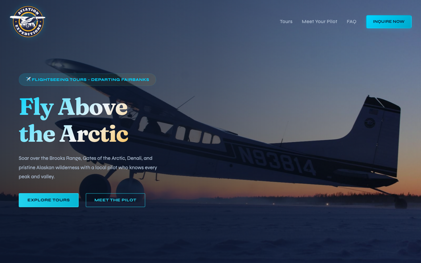 Aviation Expeditions homepage — immersive hero with Alaskan bush plane