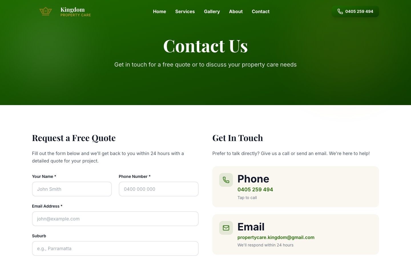 Contact — easy enquiry form with phone CTA