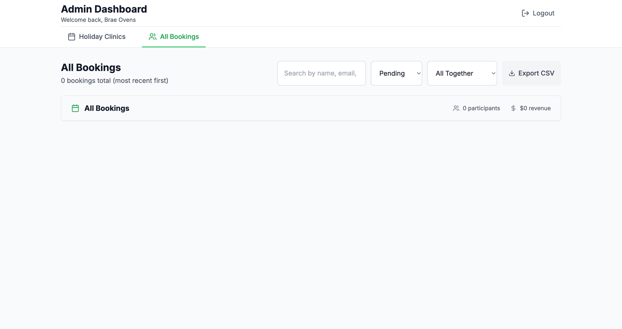 Admin dashboard — CMS for managing programs and bookings